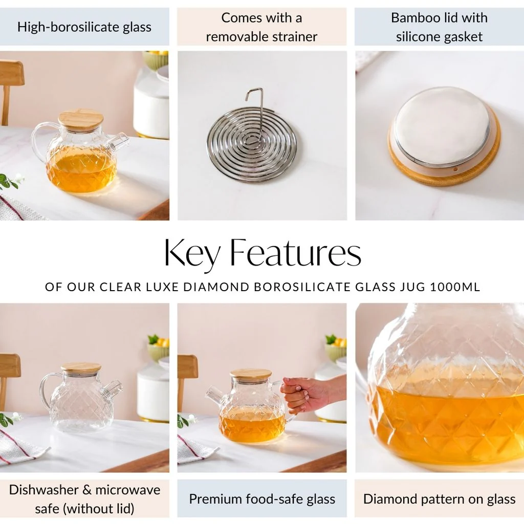 Clear Luxe Diamond Borosilicate Glass Jug 1000ml - Image 4