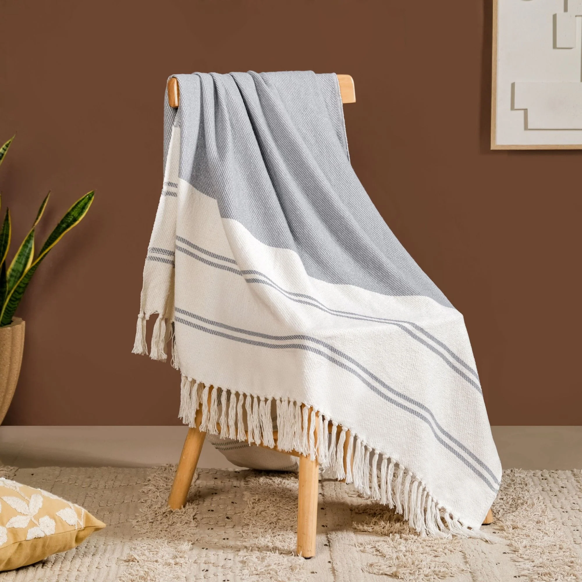 Coastal Blue And White Striped Cotton Throw With Tassels