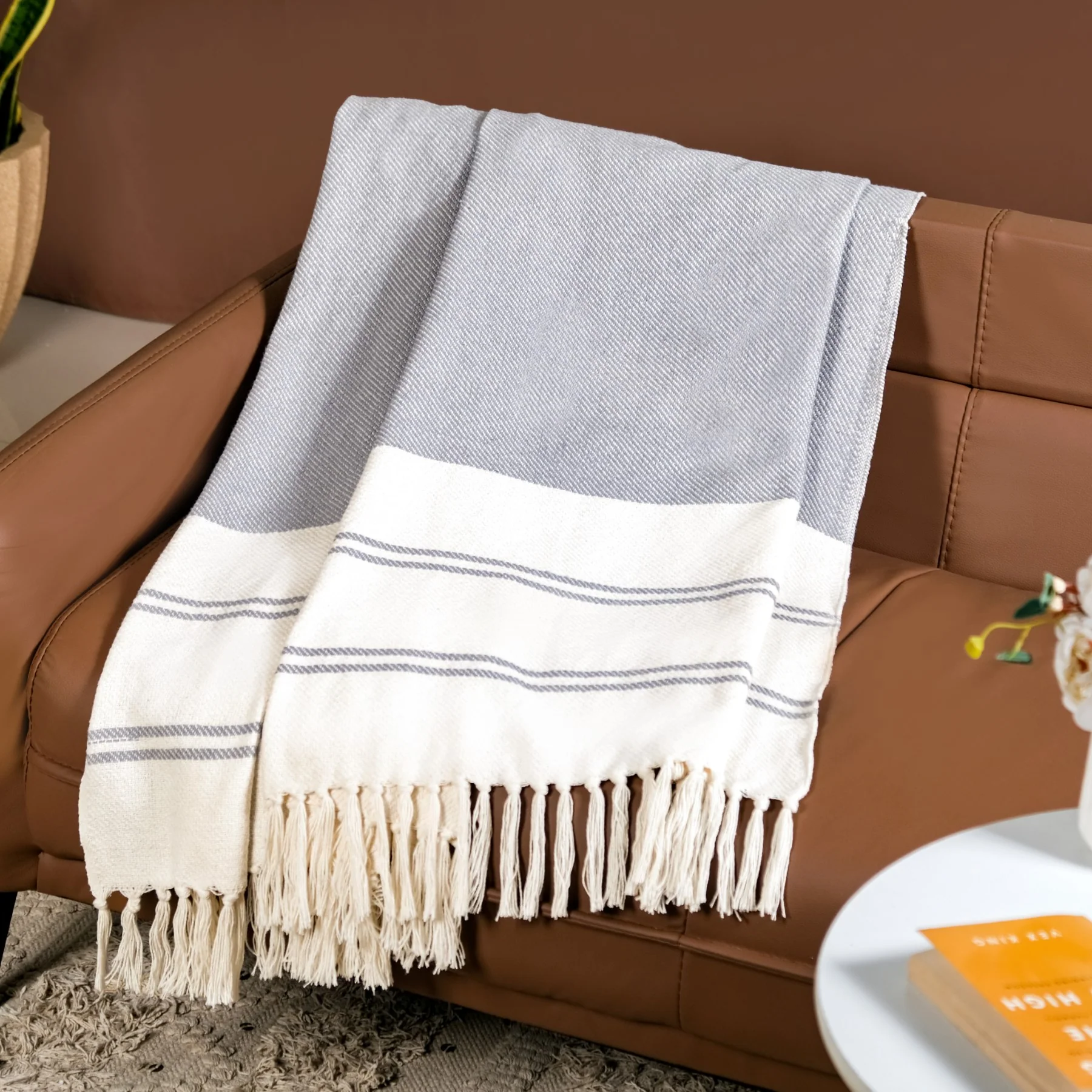 Coastal Blue And White Striped Cotton Throw With Tassels - Image 3
