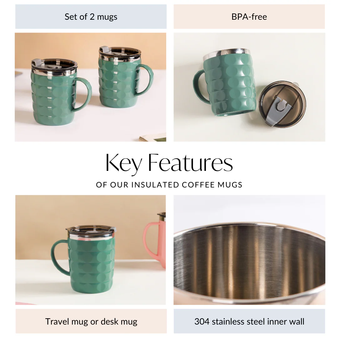 Coffee Mug With Lid Set Of 2 Green 400ml - Image 5