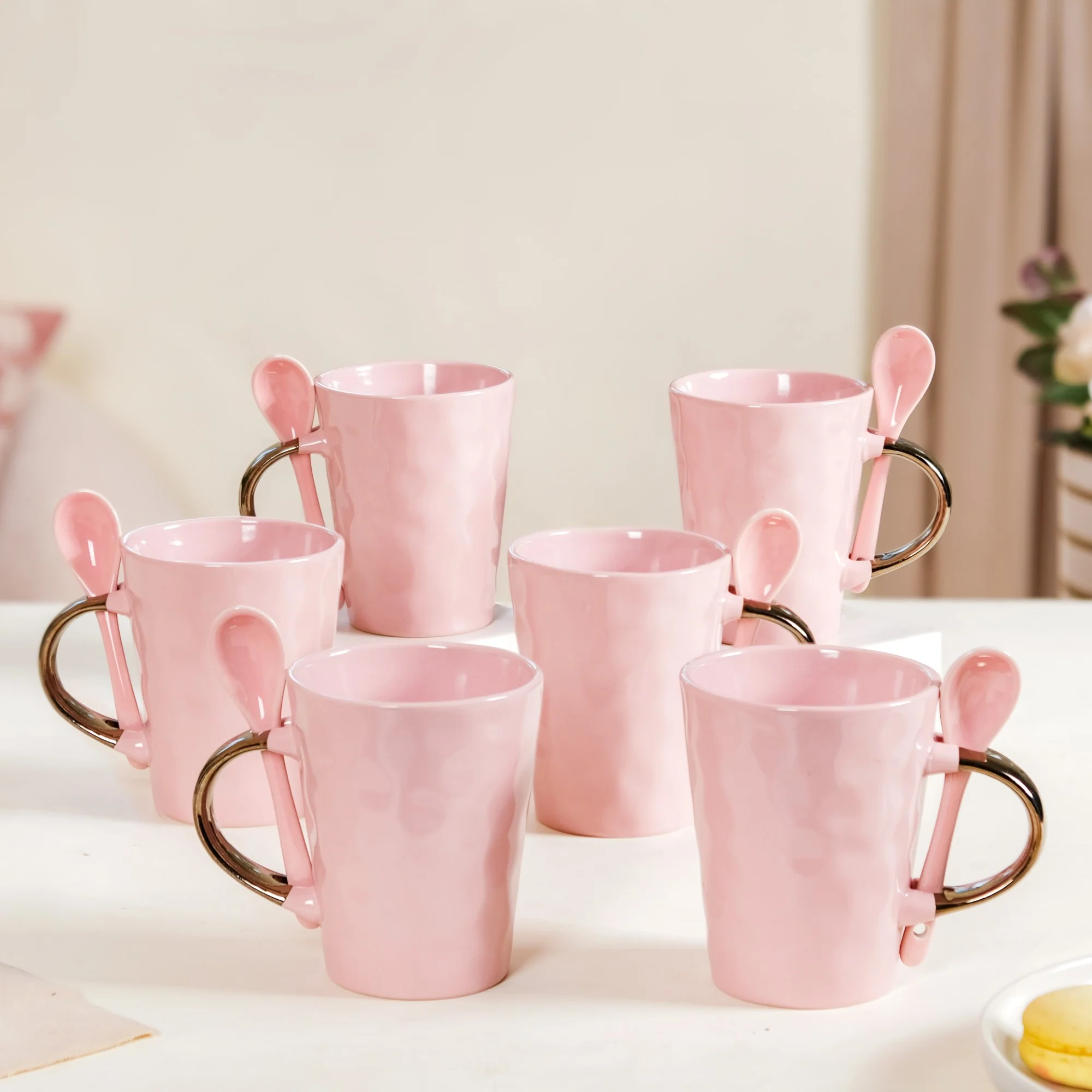 Coffee Mugs With Spoons Pink Set Of 6 350ml - Image 8
