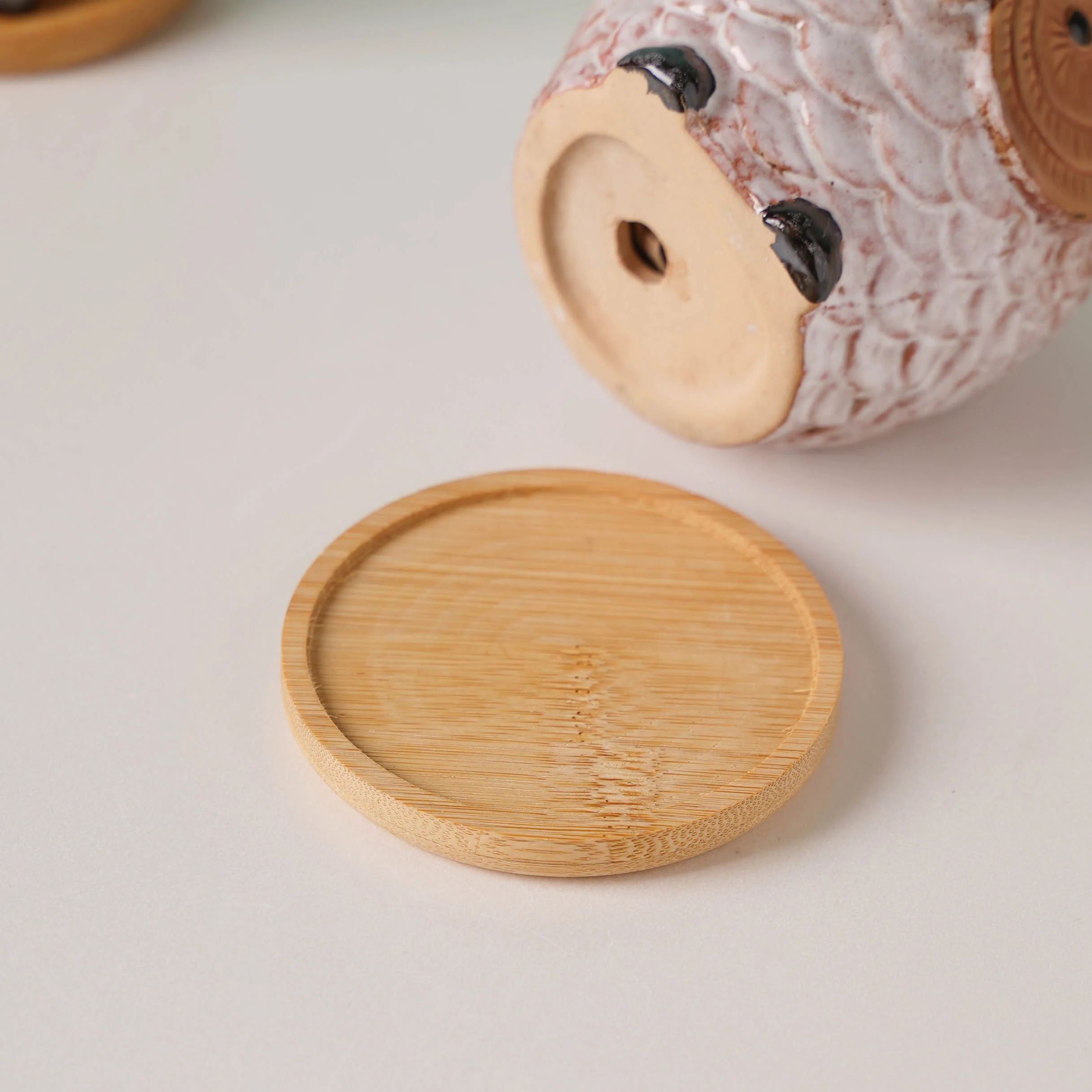 Colossal White Ceramic Owl Planter With Wooden Coaster - Image 12