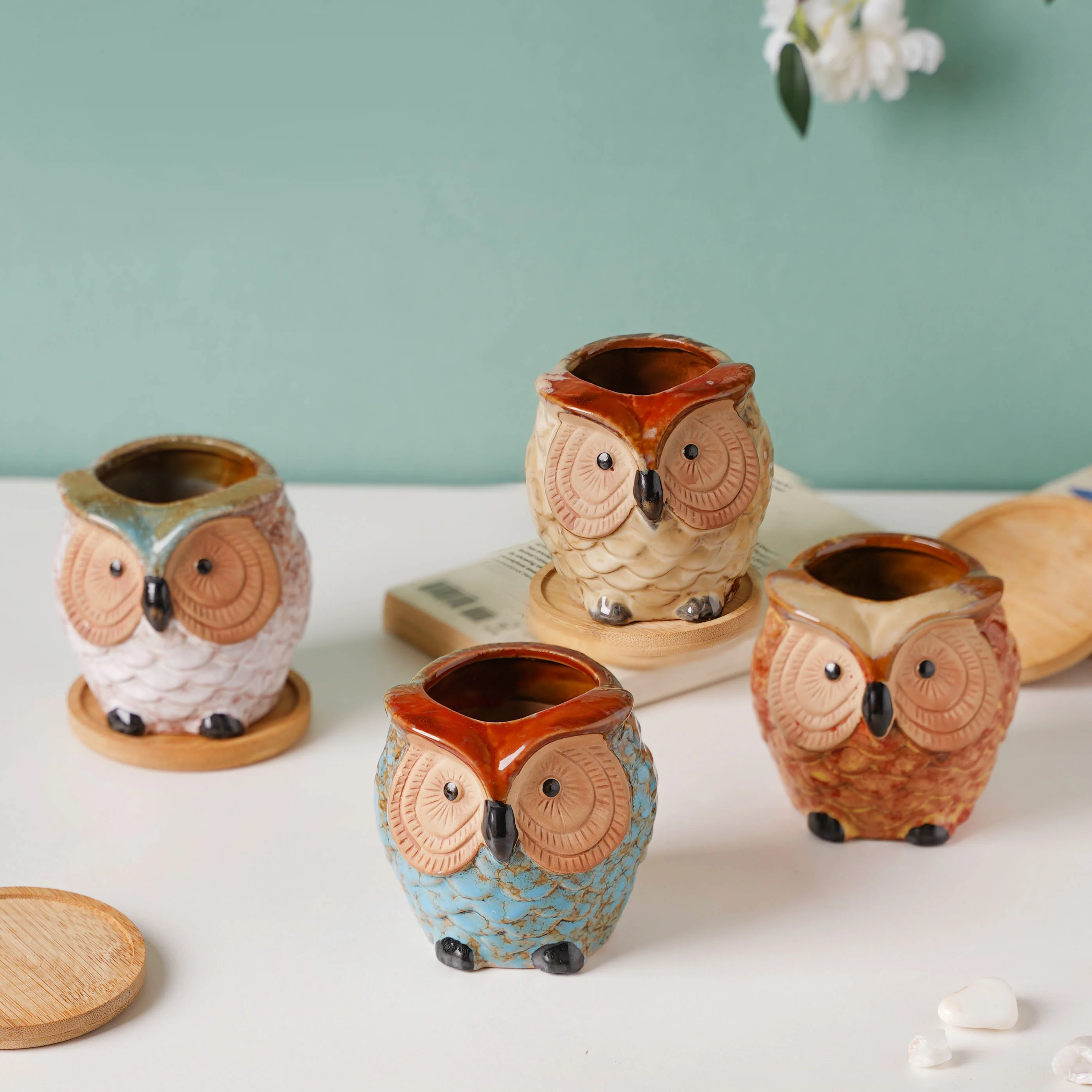 Colossal White Ceramic Owl Planter With Wooden Coaster - Image 14