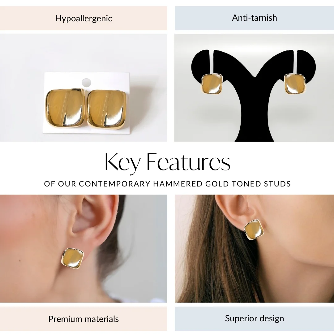 Contemporary Hammered Gold Toned Studs - Image 4