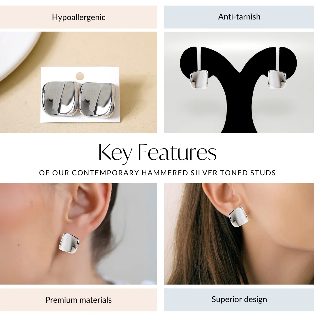 Contemporary Hammered Silver Toned Studs - Image 4