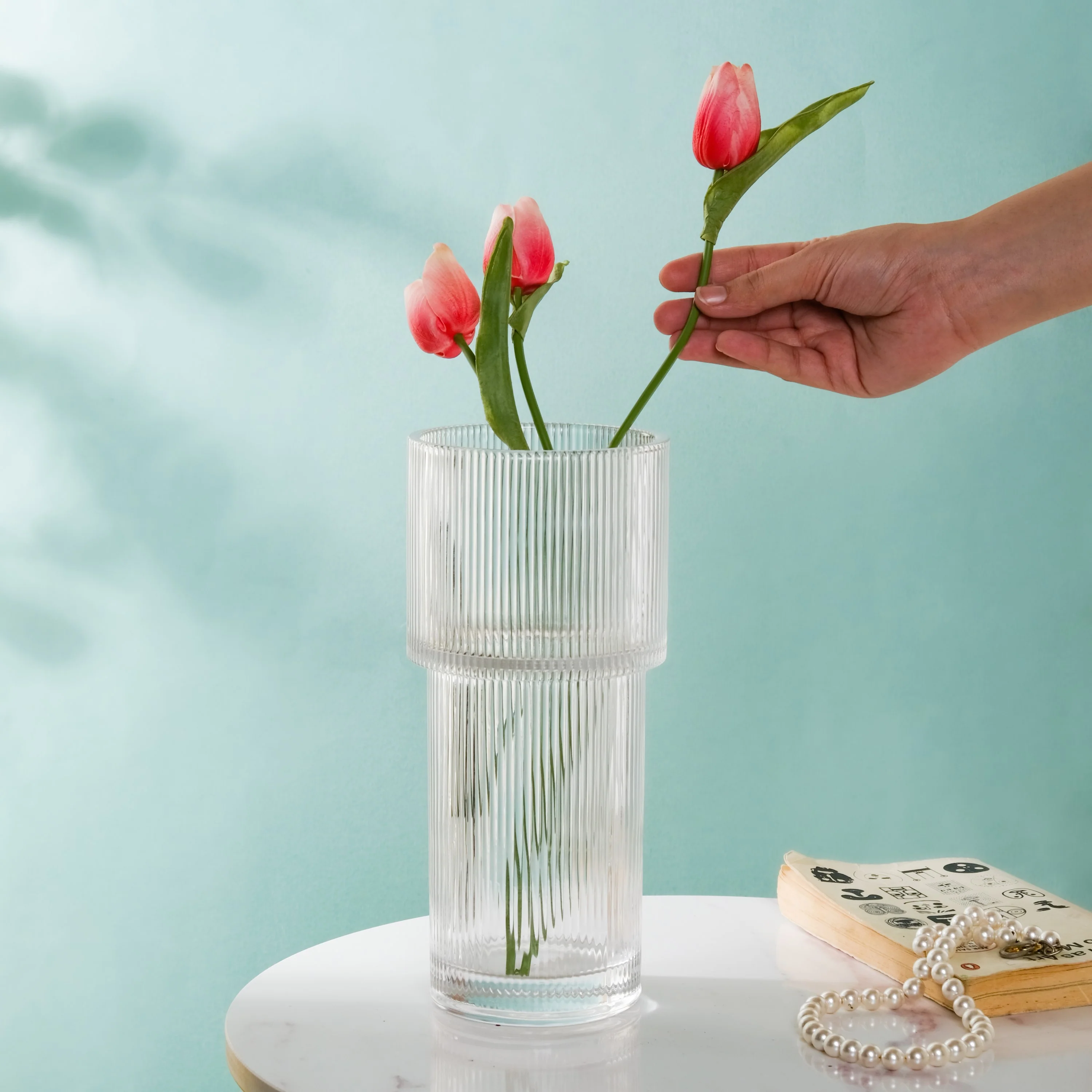 Contemporary Ribbed Textured Glass Flower Vase - Image 4