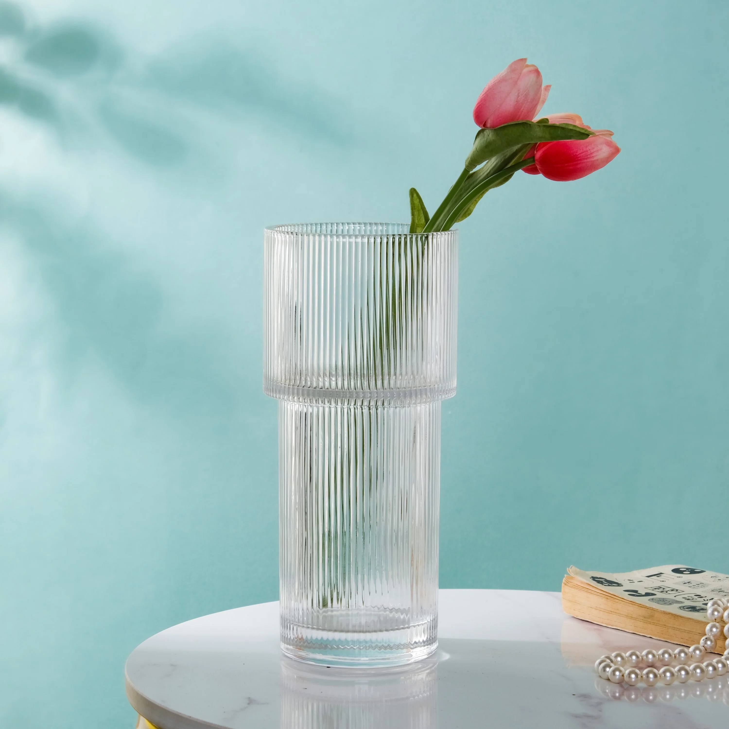 Contemporary Ribbed Textured Glass Flower Vase - Image 6