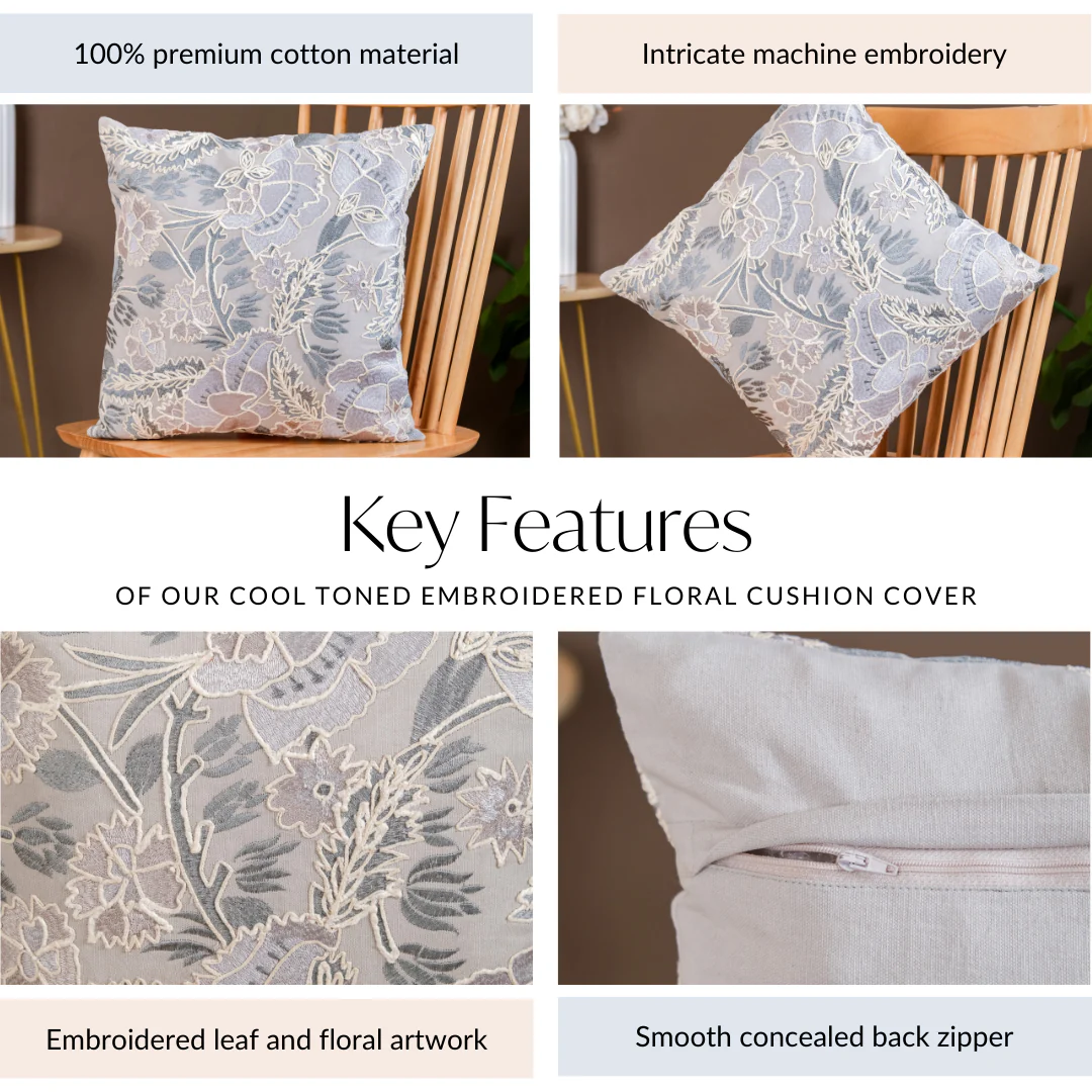 Cool Breeze Embroidered Floral Cushion Cover 40x40 cm - Image 5