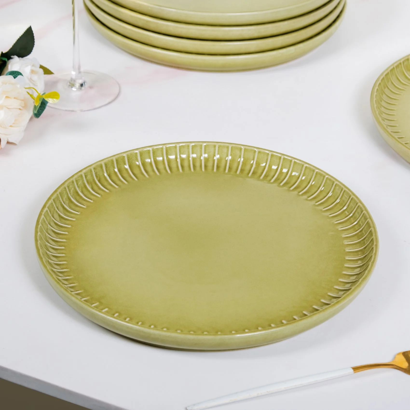 Costola Ceramic Dinner Plate Set Of 6 Green 10 Inch - Image 3