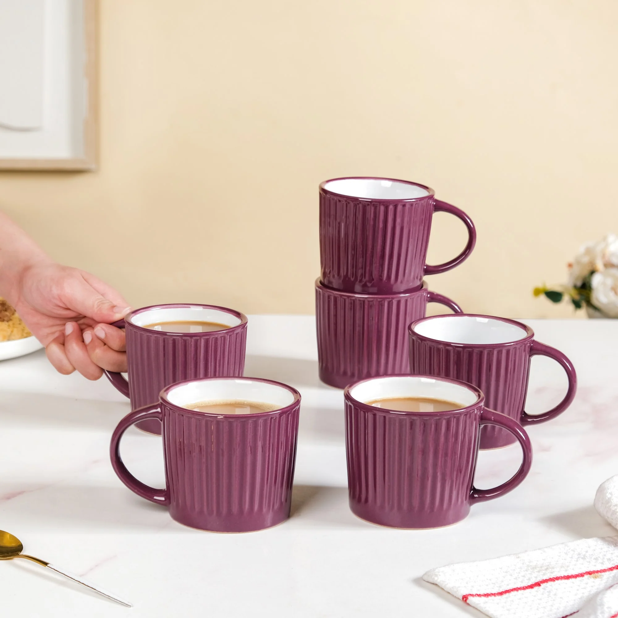 Cresta Ceramic Coffee Cup Set Of 6 Purple 300ml - Image 3
