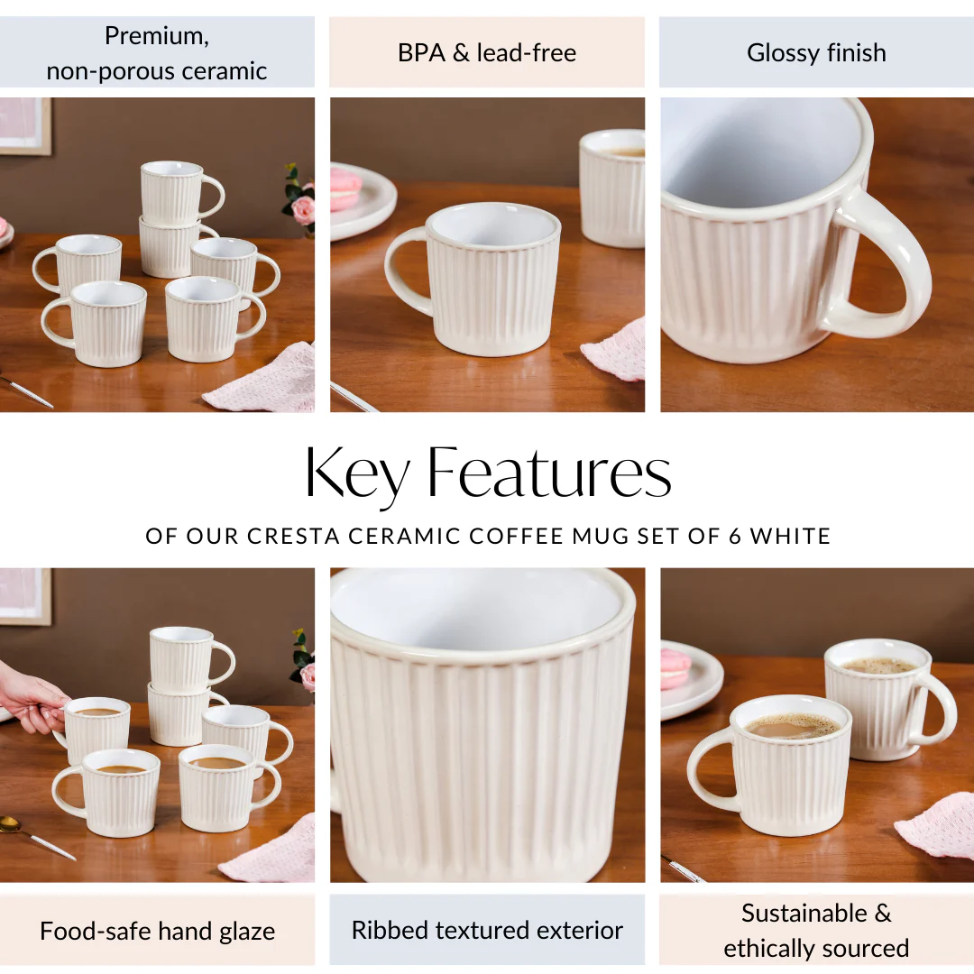 Cresta Ceramic Coffee Mug Set Of 6 Off White 300ml - Image 5