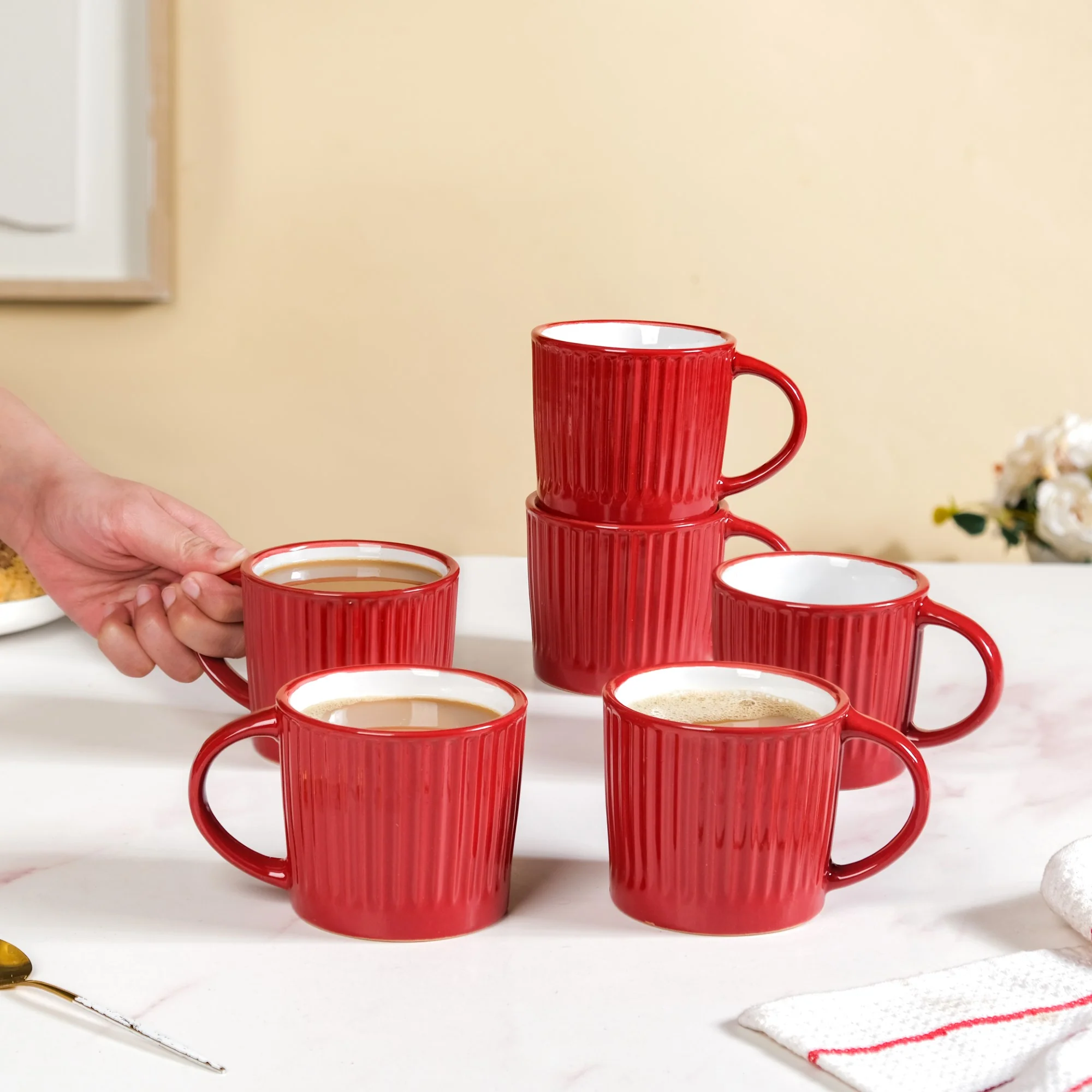 Cresta Ceramic Coffee Mug Set Of 6 Red 300ml - Image 3