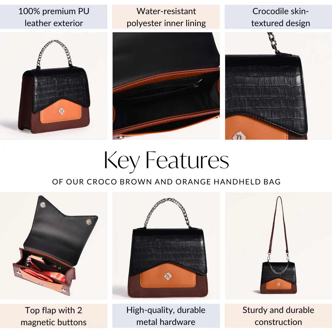 Croco Brown And Orange Handheld Bag - Image 5