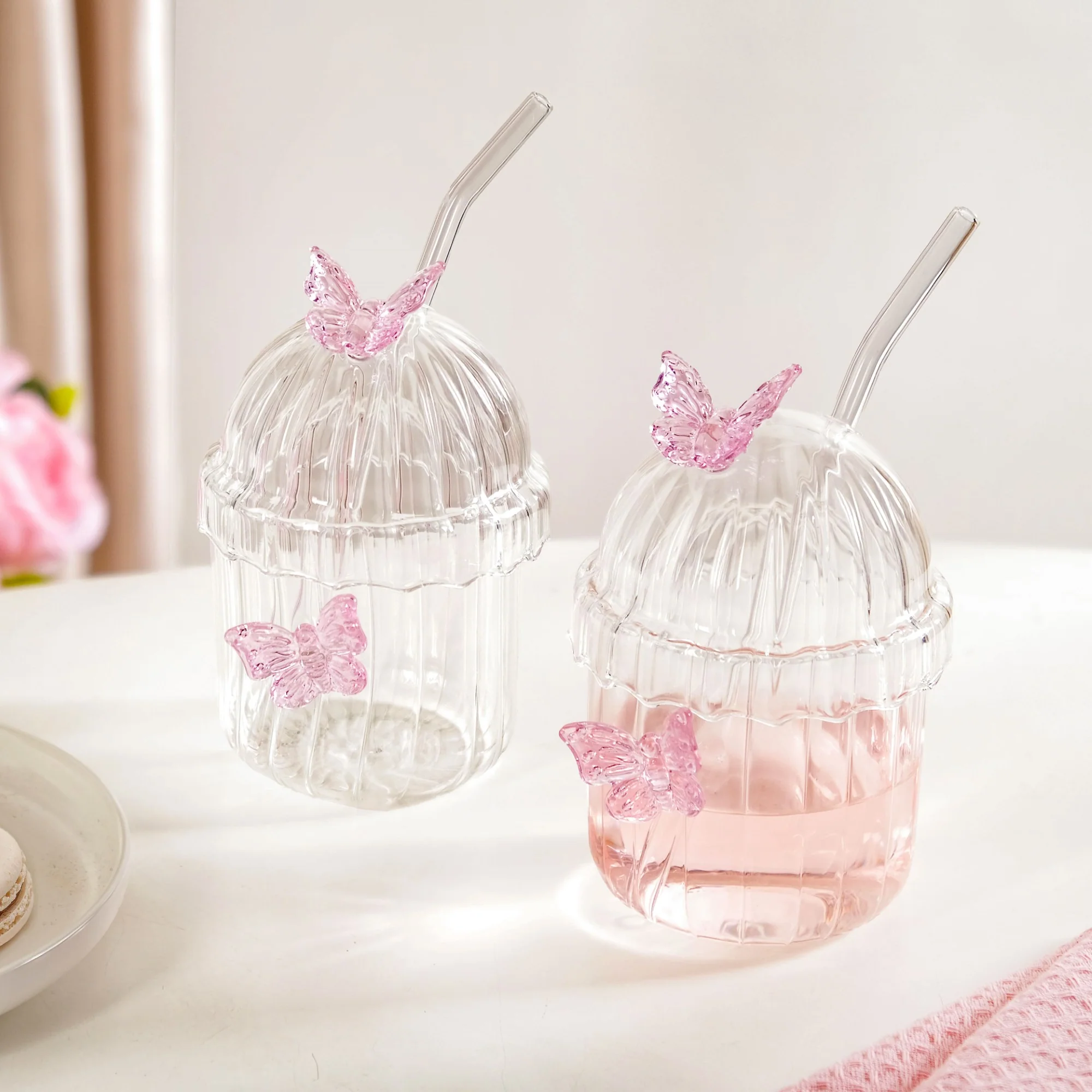 Crystal Fairy Core Butterfly Tumbler With Lid And Straw 450ml Set Of 2