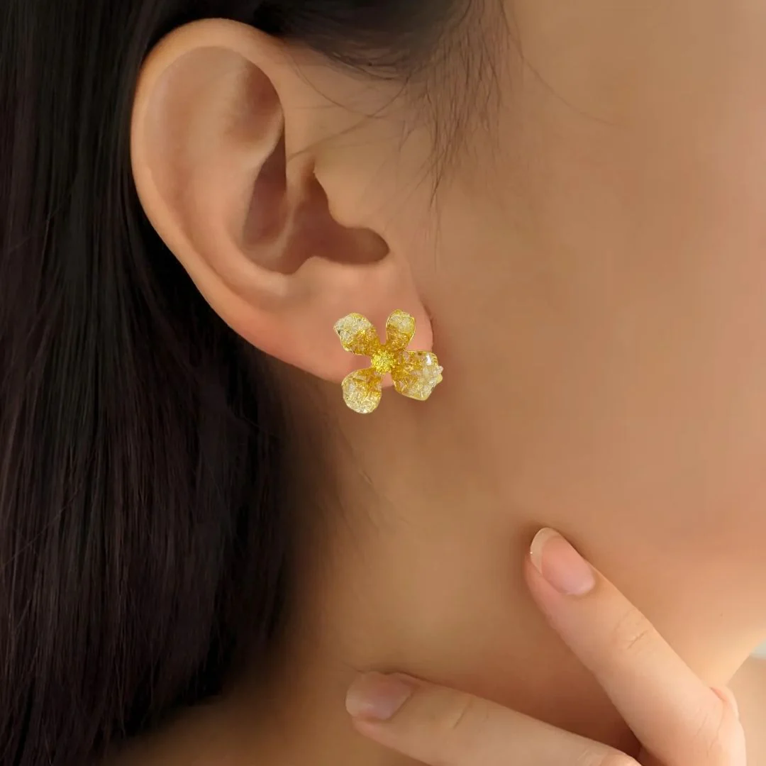 Crystal Textured Amber Floral Stud Earrings - Image 2