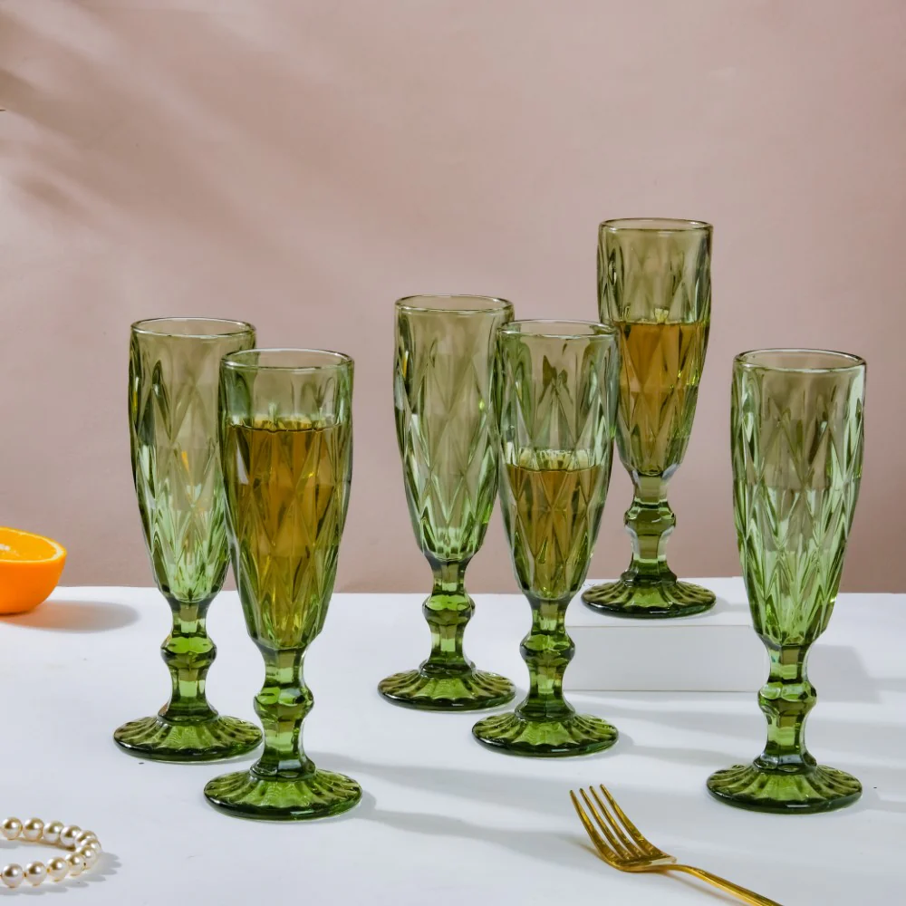 Crystal Textured Champagne Glass Green Set Of 6 150 ml - Image 7