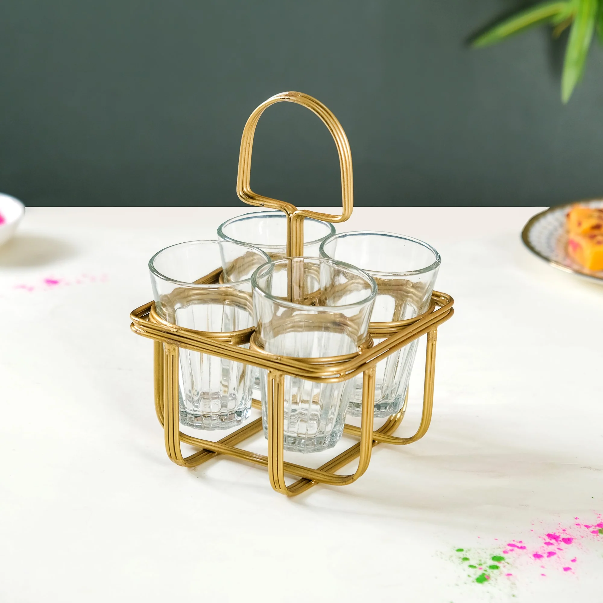 Cutting Chai Glass Set Of 4 With Gold Metal Stand - Image 10