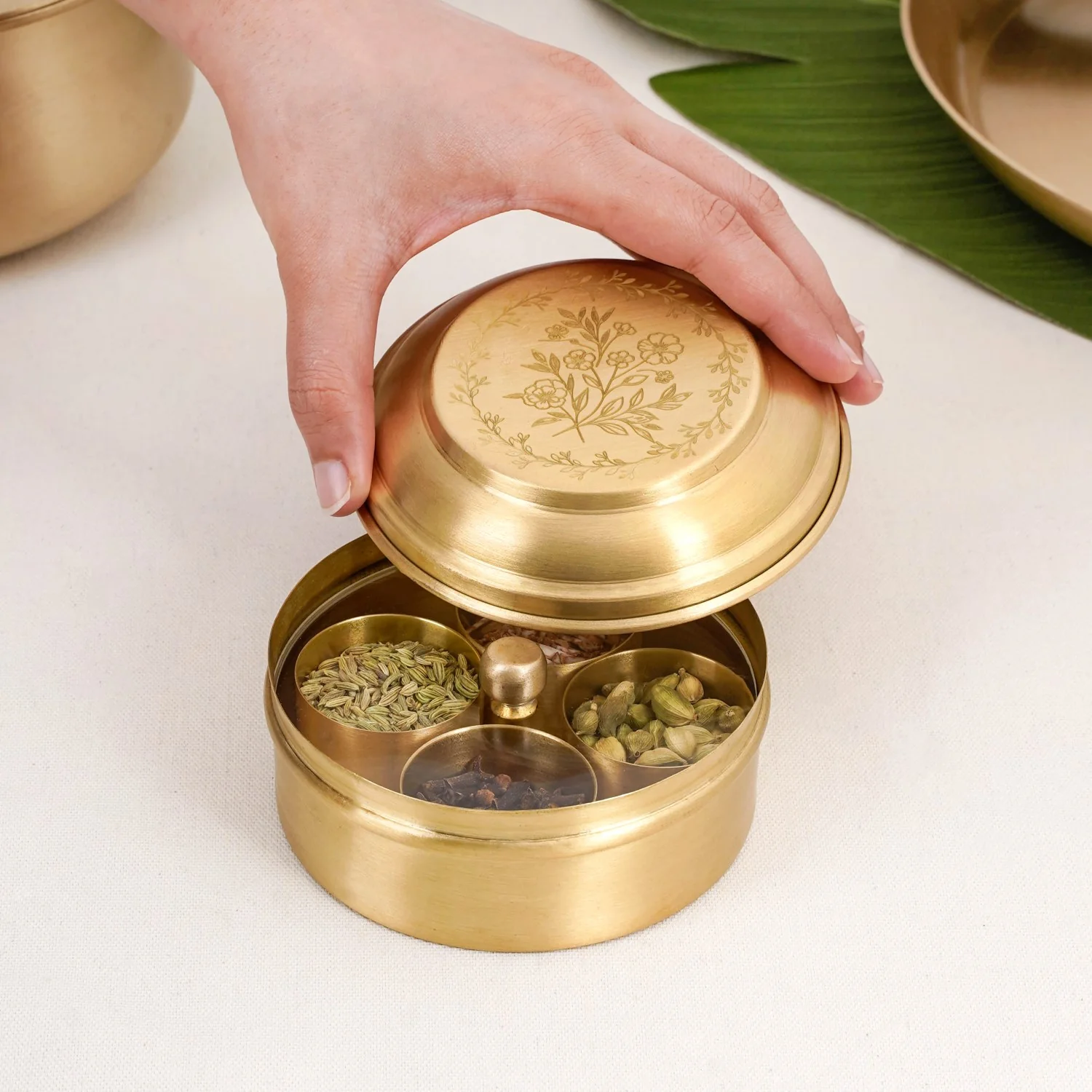 Daisy Brass Mukhwas Storage Box – Vintage Style with Secure Lid - Image 3