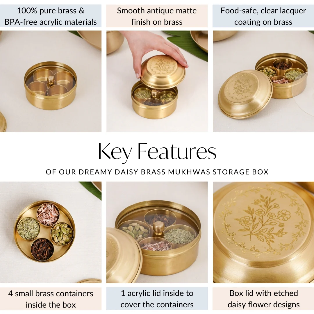 Daisy Brass Mukhwas Storage Box – Vintage Style with Secure Lid - Image 5