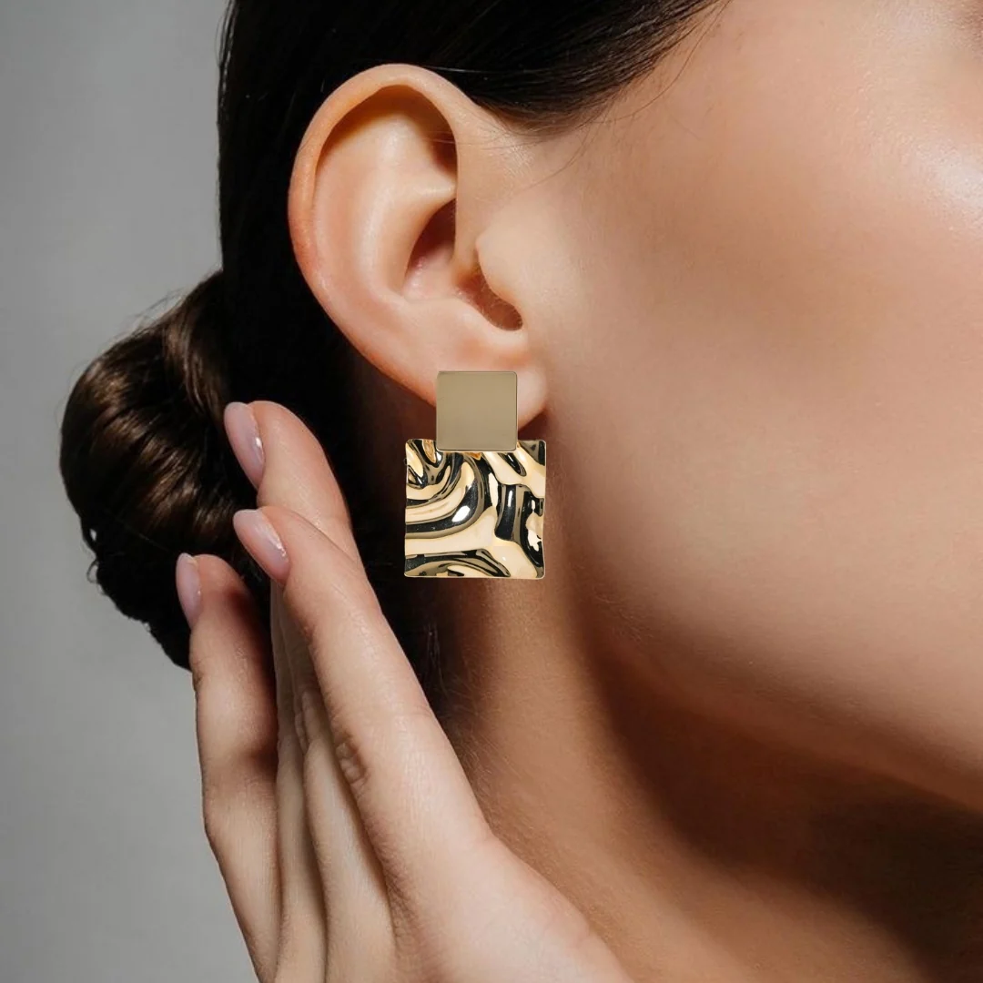 Dangling Hammered Gold Statement Earrings - Image 2