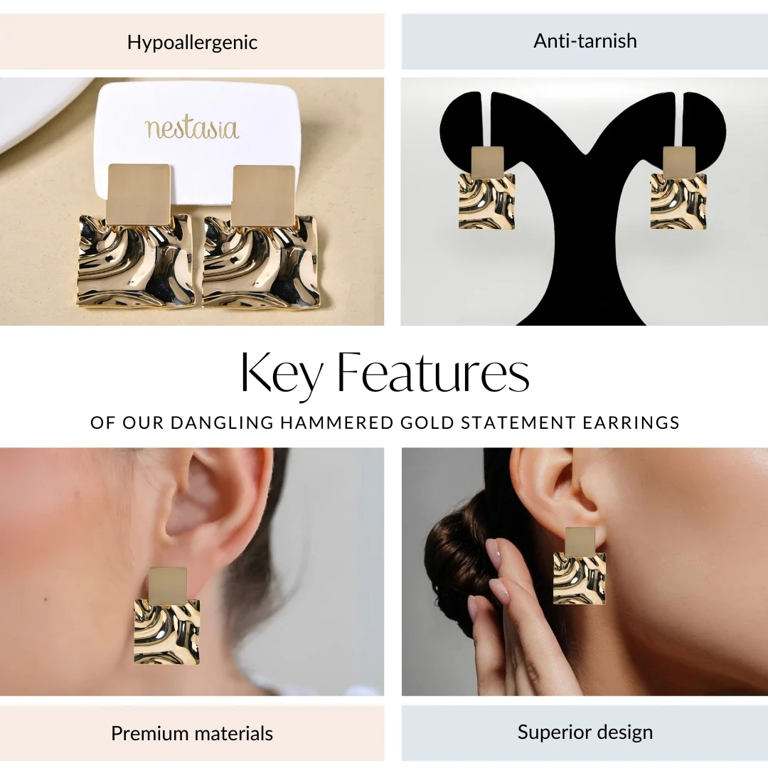 Dangling Hammered Gold Statement Earrings - Image 4