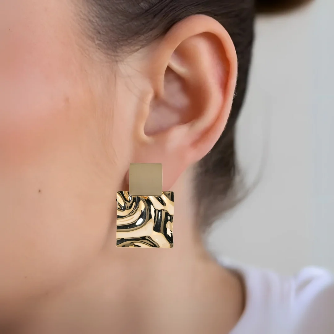 Dangling Hammered Gold Statement Earrings - Image 5