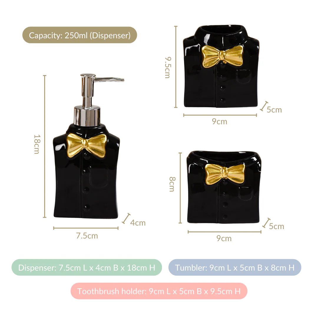 Dapper Shirt With Bow Ceramic Bath Set Of 3 Black - Image 3