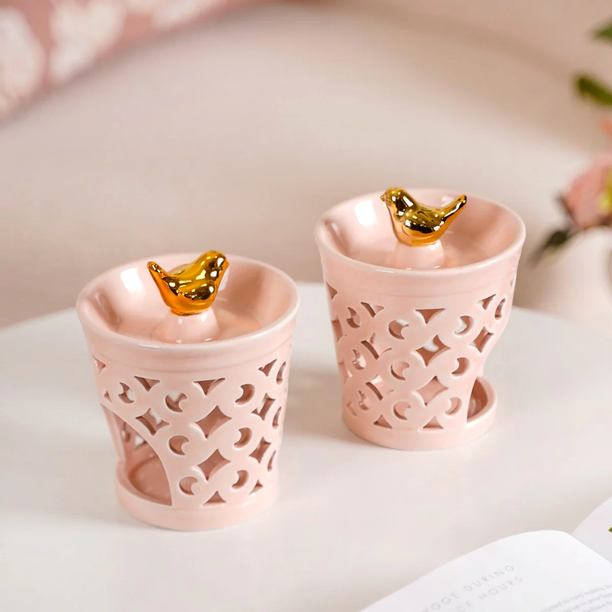 Decorative Ceramic Aroma Diffuser Set Of 2 Pink - Image 2
