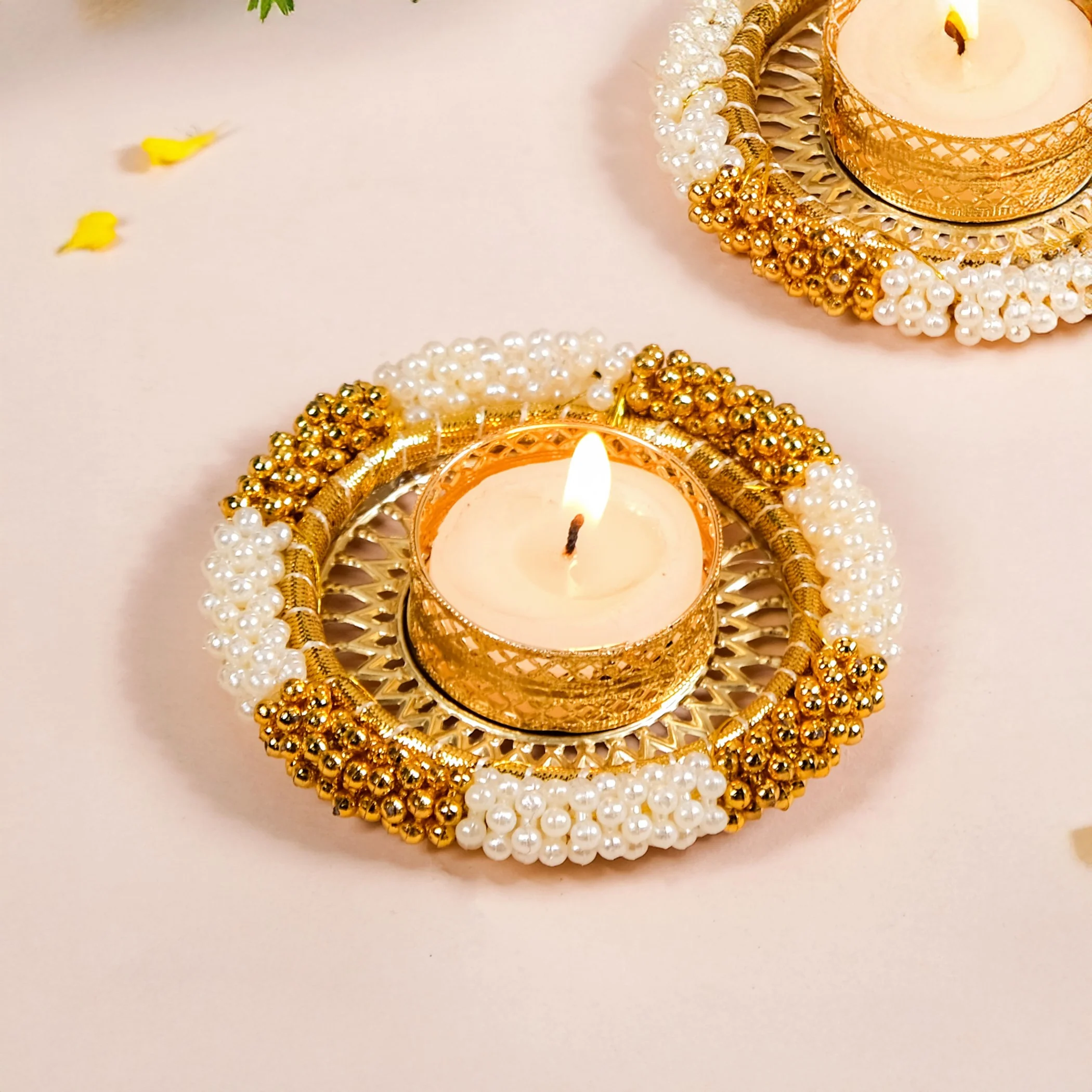 Decorative Pearl Gold Beaded Tealight Holders Set Of 6 - Image 3