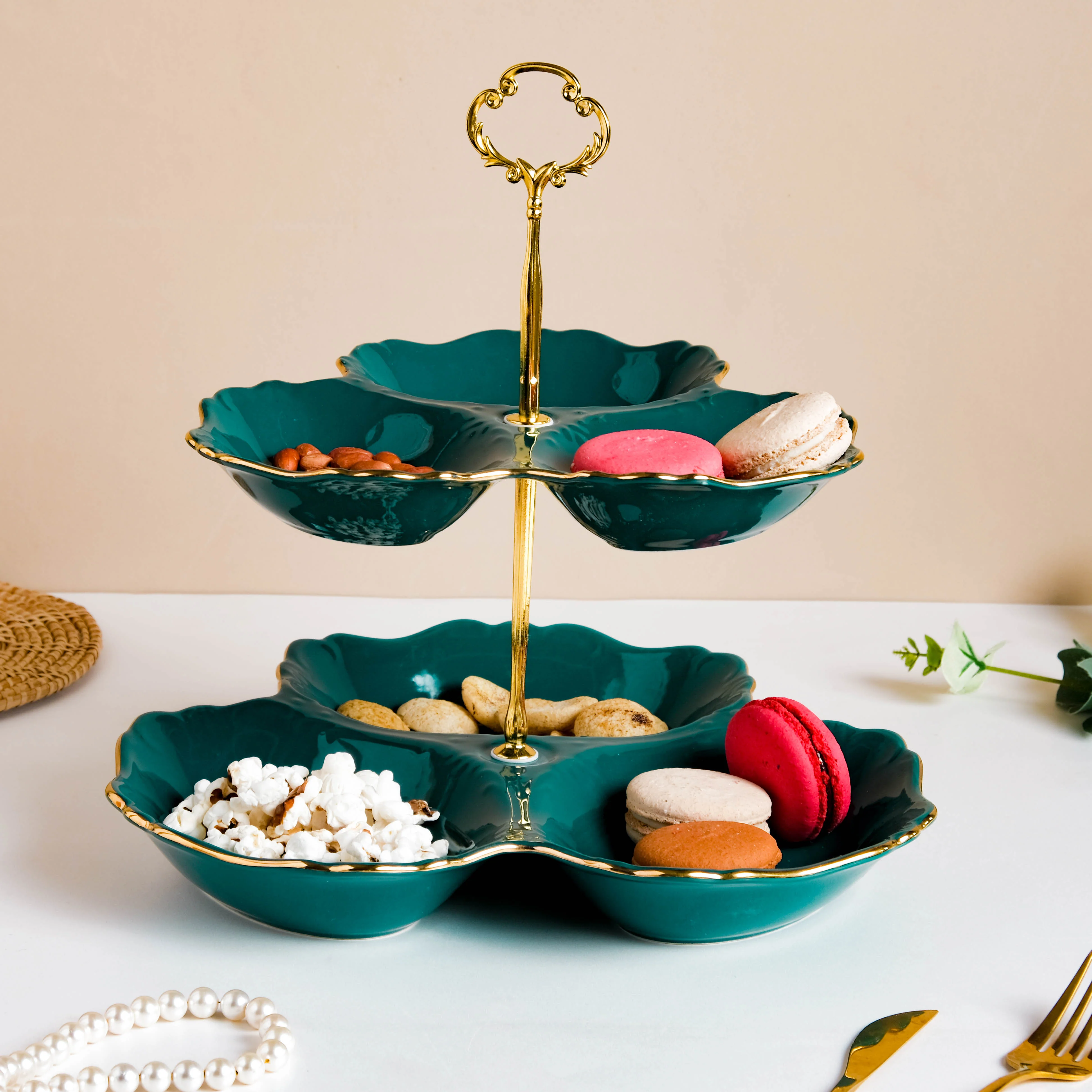 Dessert O' Clock Emerald Two Tier Golden Platter - Image 4