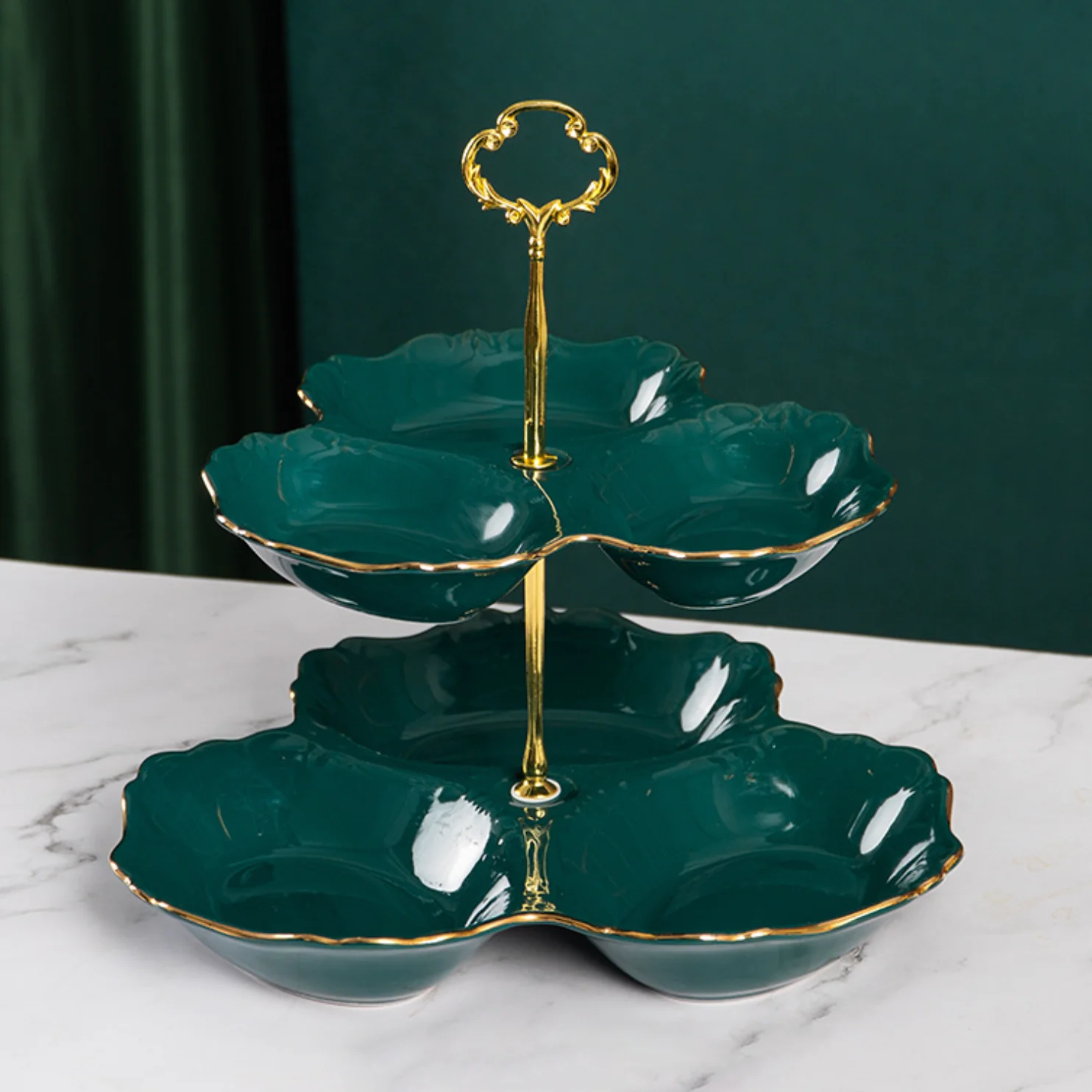 Dessert O' Clock Emerald Two Tier Golden Platter - Image 6