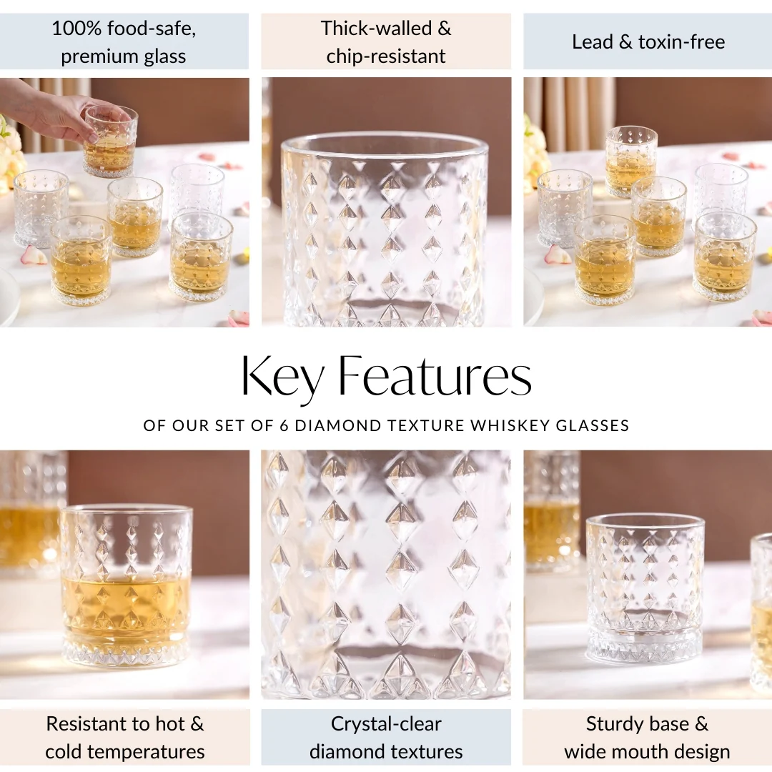 Diamond Embossed Whiskey Glasses Set Of 6 220ml - Image 6