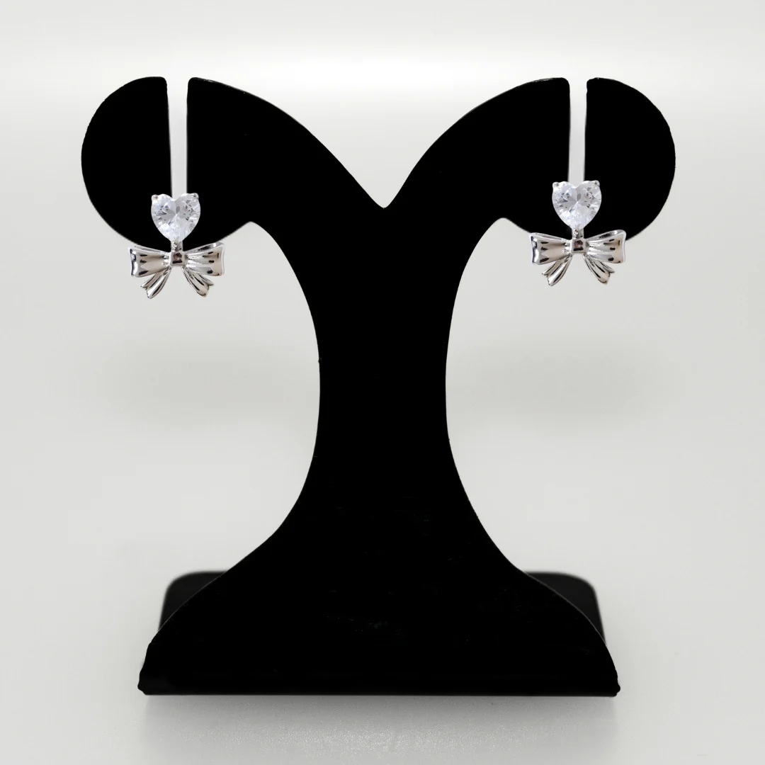 Diamond Heart Bow Drop Earrings Silver - Image 6