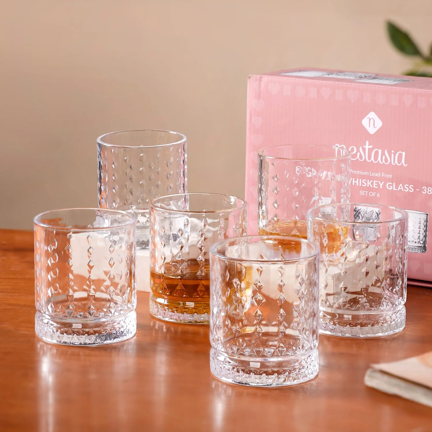 Diamond Patterned Set Of 6 Whiskey Glasses 380ml - Image 2