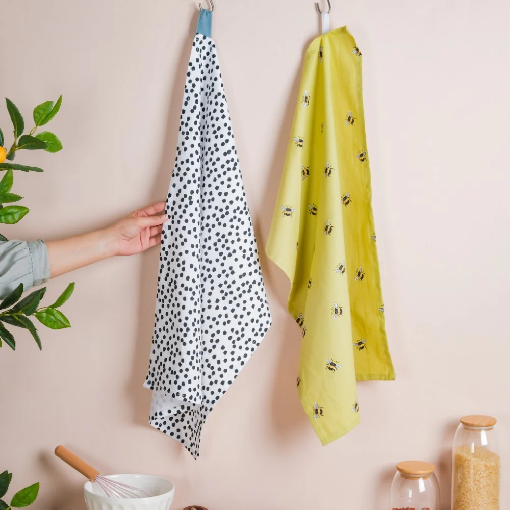 Dots and Bees Printed Cotton Tea Towel Of 2 - Image 2