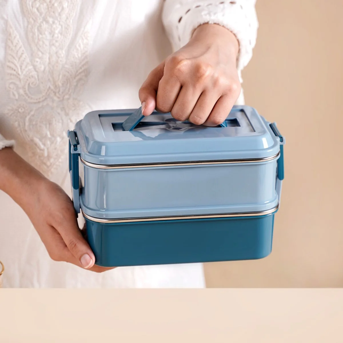 Double Decker Bento Lunch Box Blue 1400ml - Image 10