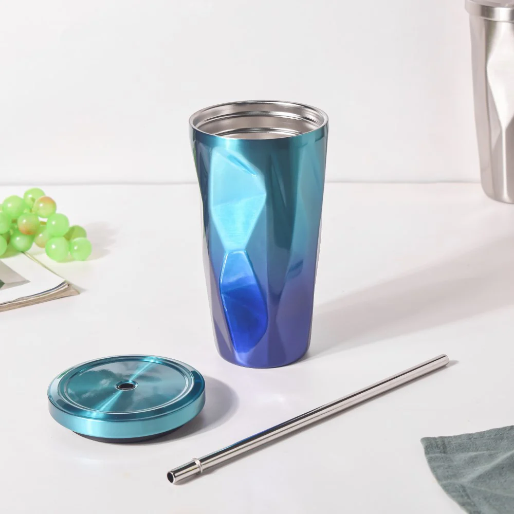 Double Walled Ombre Tumbler With Straw Blue 500ml - Image 3