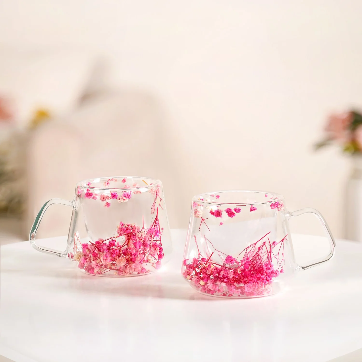 Double Walled Pink Flowers Coffee Mug Set Of 2 180ml