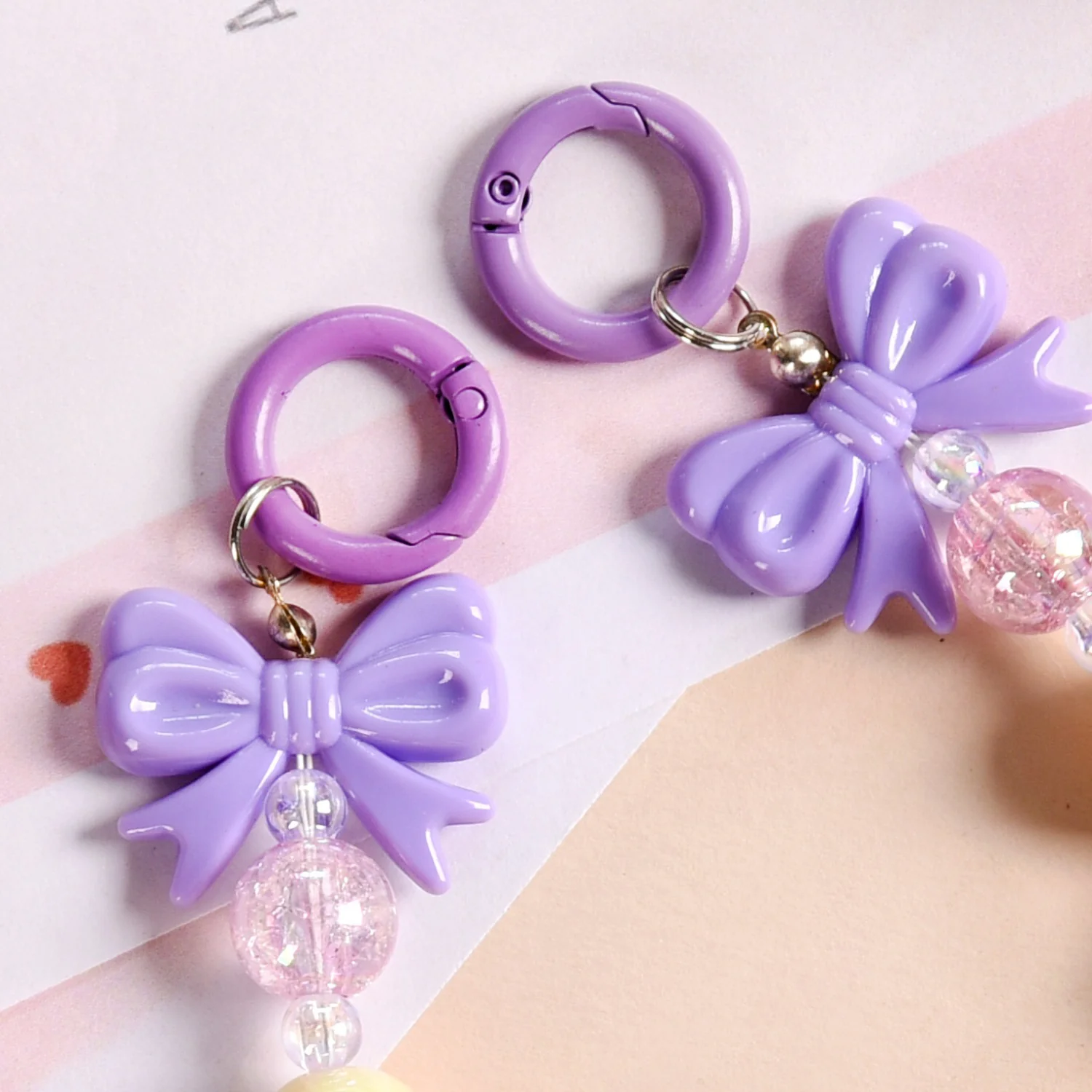 Dual Clasp Keychain With Bow And Beads Purple And White - Image 5