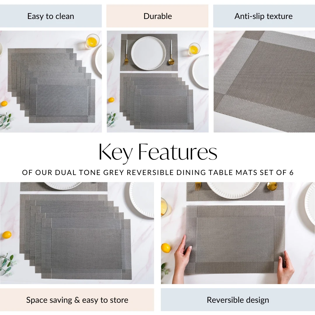 Dual Tone Grey Reversible Dining Table Mats Set Of 6 - Image 5