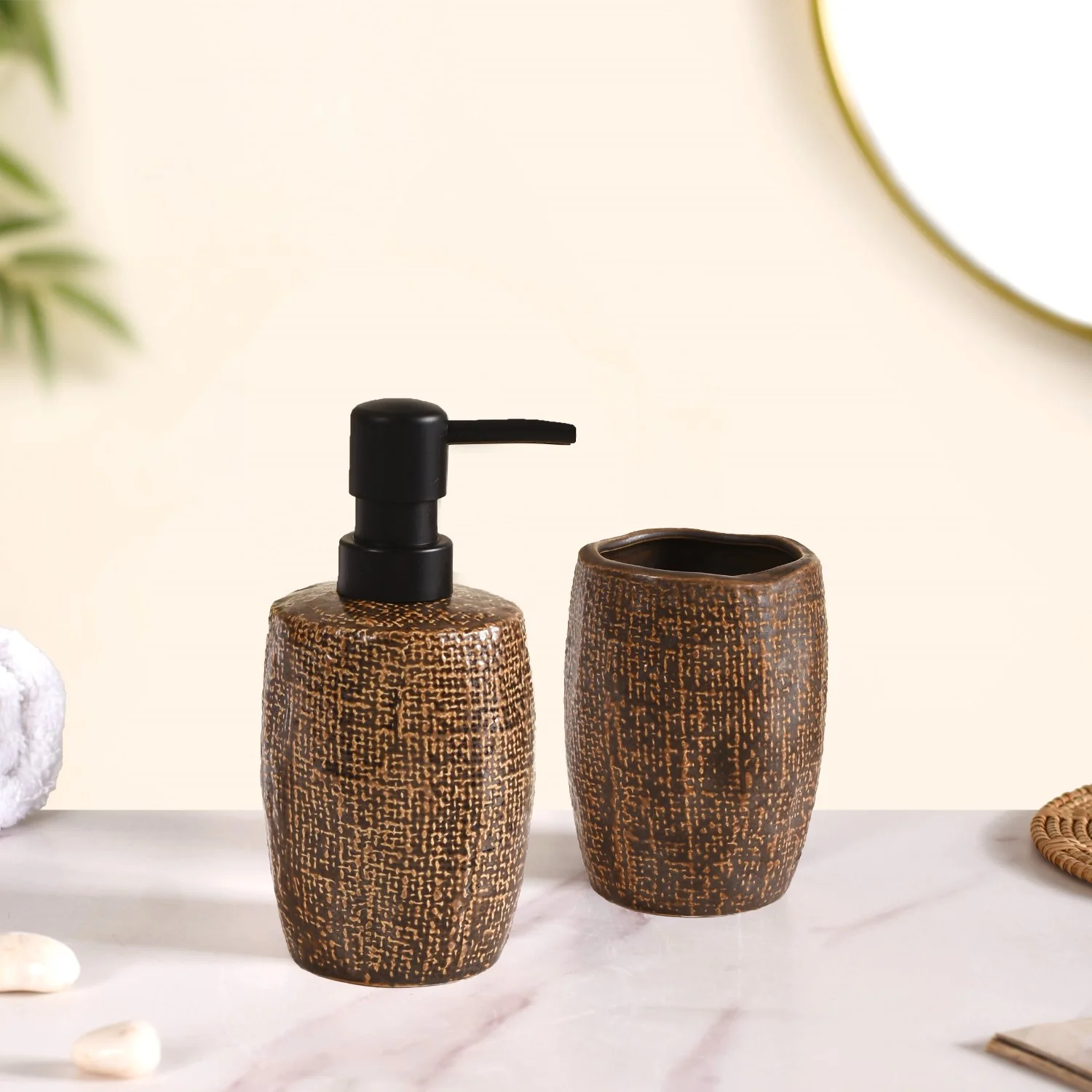 Earthy Chic Ceramic Bathroom Accessories Set Of 2 Brown - Image 3