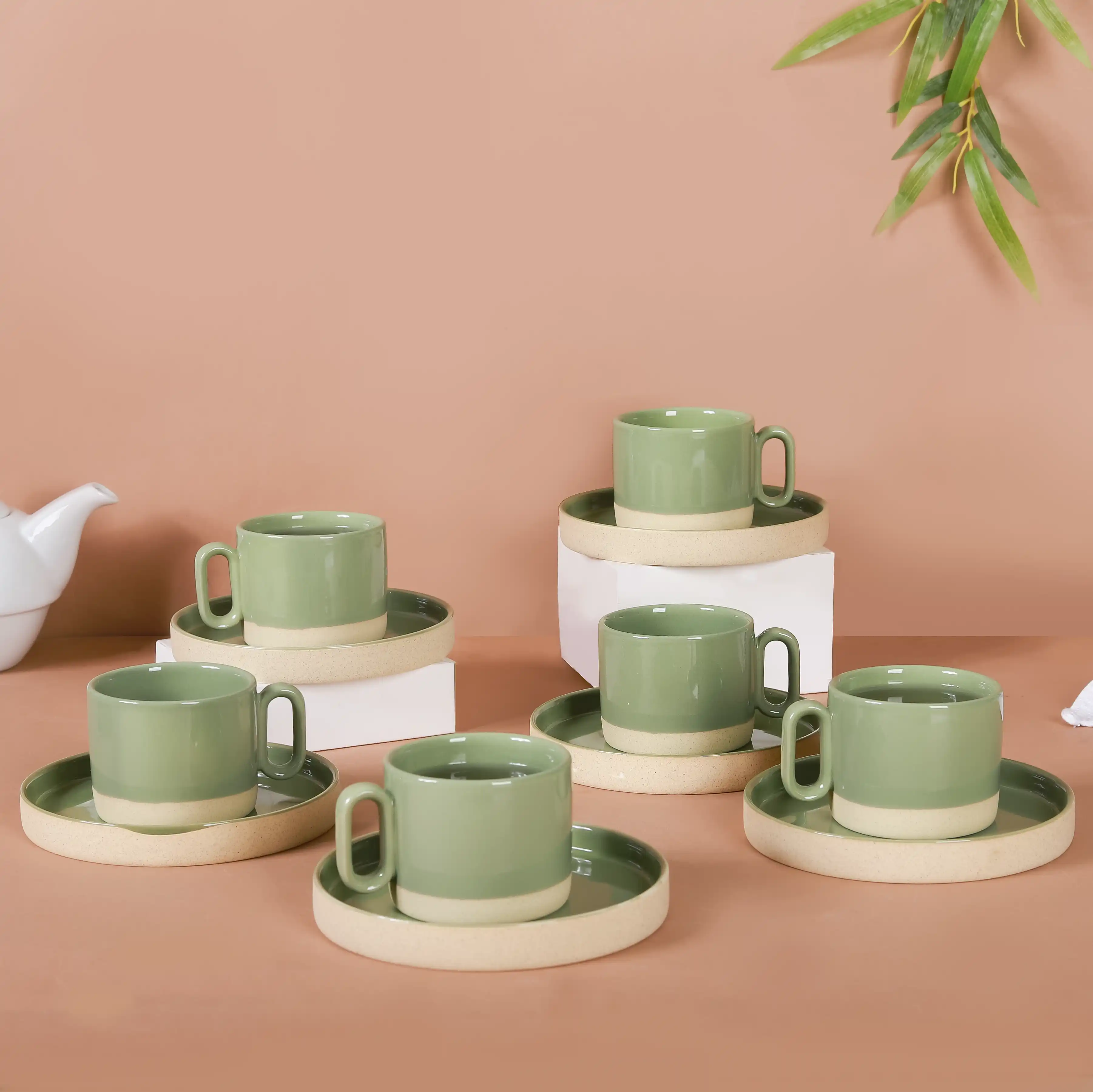 Earthy Clay Cup And Saucer Set Of 6 Sage Green 100ml - Image 3