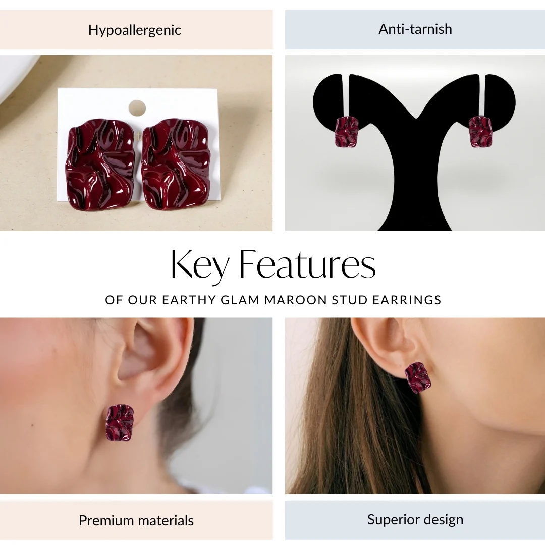 Earthy Glam Maroon Stud Earrings - Image 4