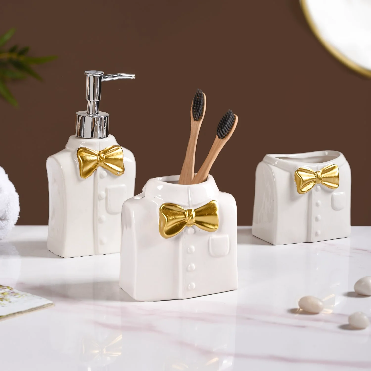 Eclectic Bow Tie Shirt Ceramic Bath Set Of 3 White