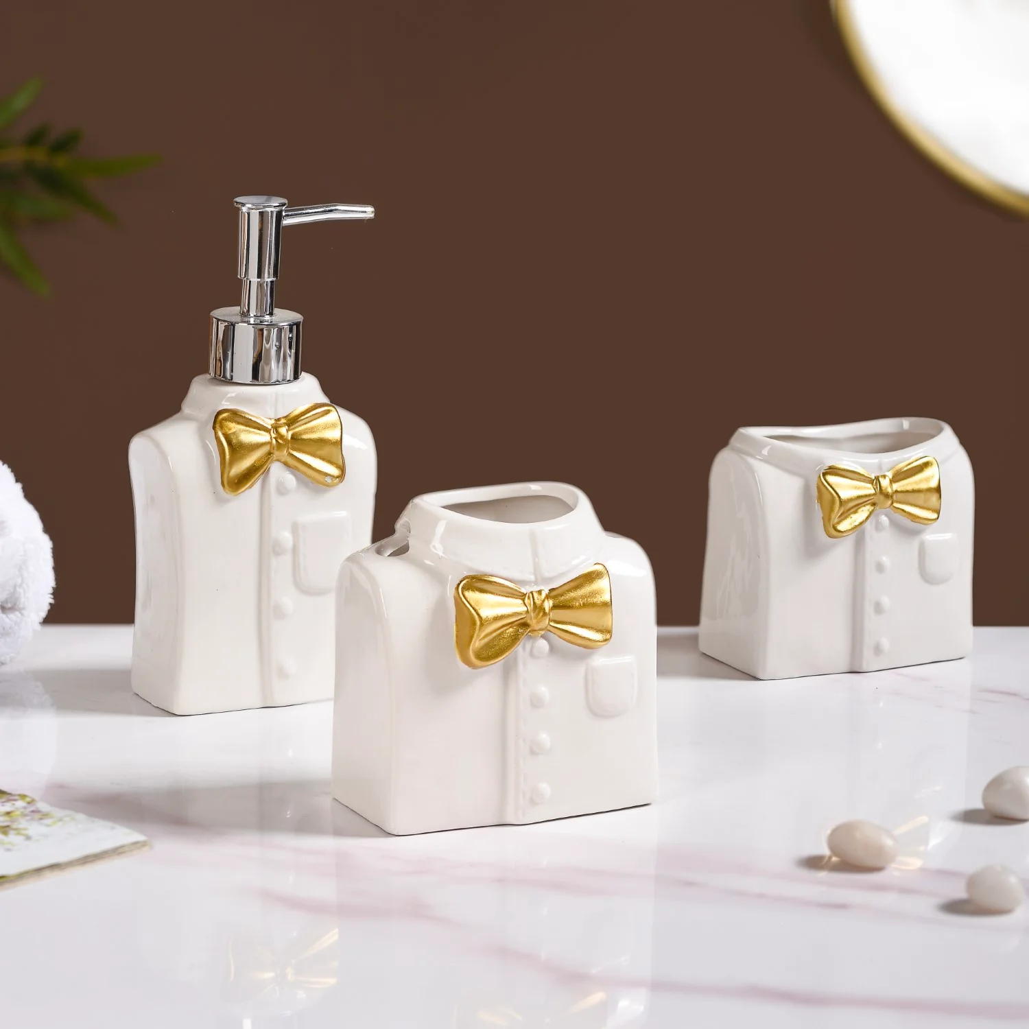 Eclectic Bow Tie Shirt Ceramic Bath Set Of 3 White - Image 11
