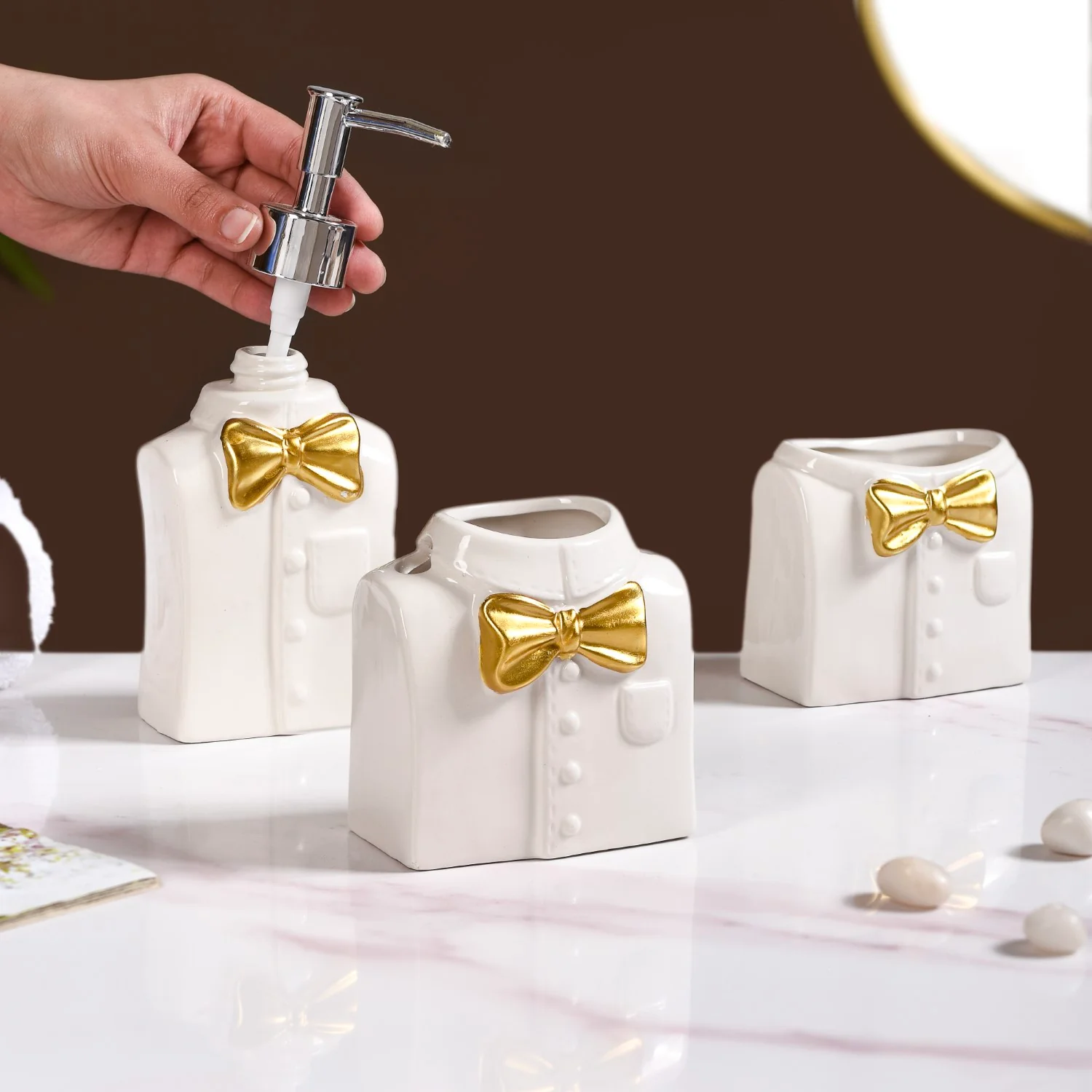 Eclectic Bow Tie Shirt Ceramic Bath Set Of 3 White - Image 2