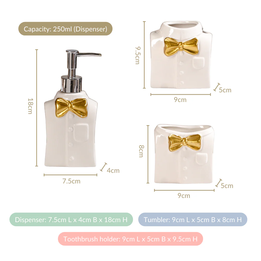 Eclectic Bow Tie Shirt Ceramic Bath Set Of 3 White - Image 3
