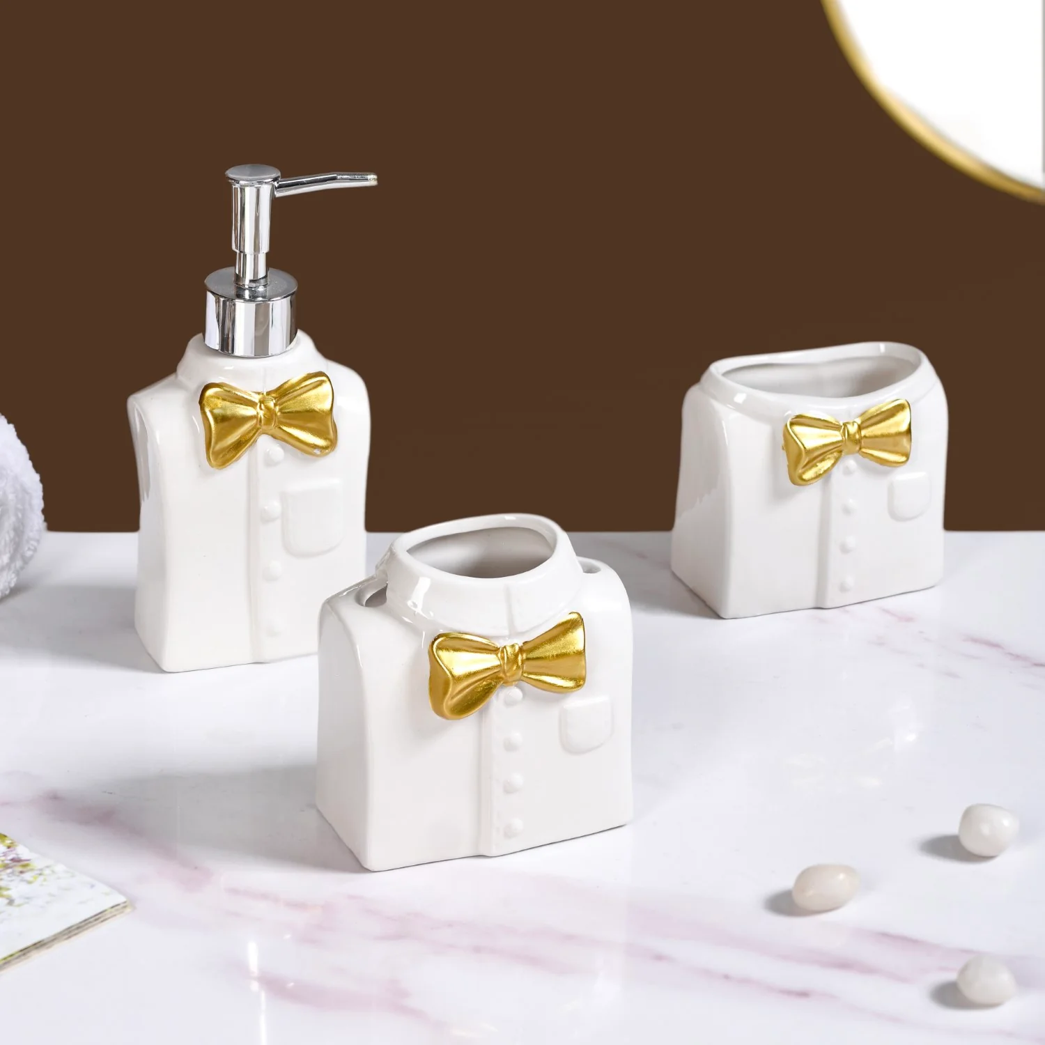 Eclectic Bow Tie Shirt Ceramic Bath Set Of 3 White - Image 4