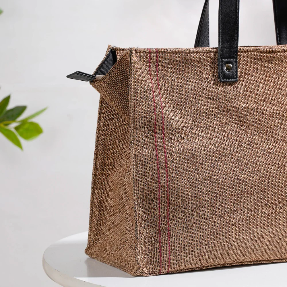 Eco Friendly Jute Lunch Bag Beige And Red 15 x 10 Inch - Image 7