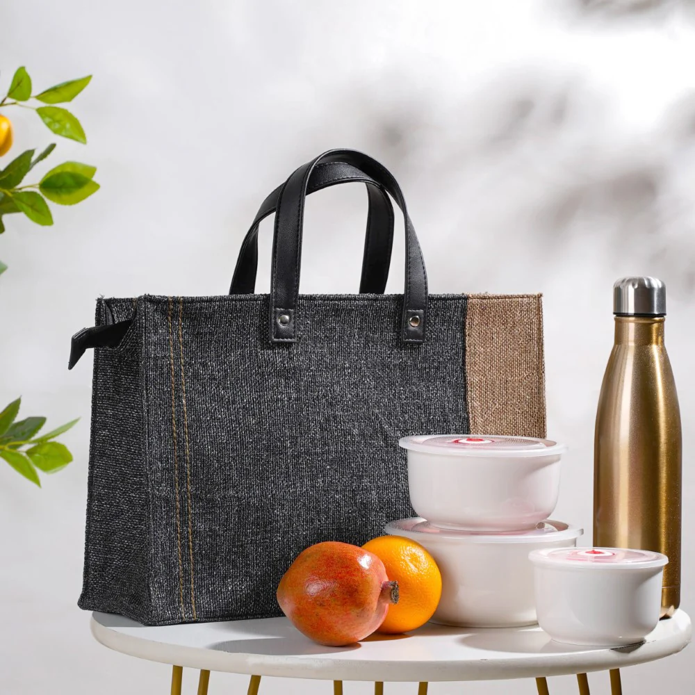 Eco Friendly Jute Lunch Bag Black And Beige 15 x 10 Inch - Image 8